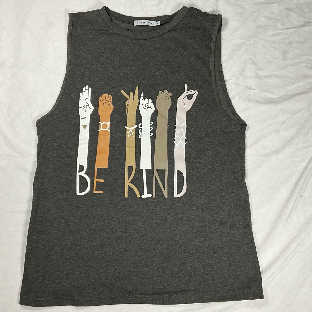 Misslook “Be Kind” Women’s Boho Sleeveless Top M Gray ASL Inclusive Graphic Tee